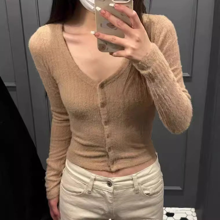 Damen modische Strickjacke mit V-Ausschnitt und Knopfverschluss Drune
