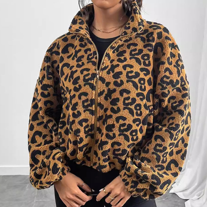 Damen Plüschige Kurzjacke im Leopardenmuster mit hohem Kragen Drune
