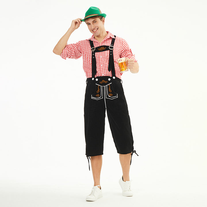 Herren nan knielange Trachtenhose im Vintage-Stil mit verstellbaren Trägern und dekorativer Zierstickerei Drune