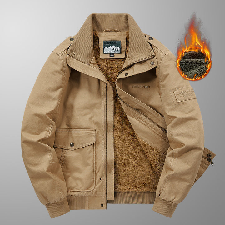 Herren Thermo-gefütterte Field‑Bomberjacke im Canvas‑Look mit Sherpa‑Innenfutter und Stehkragen Drune