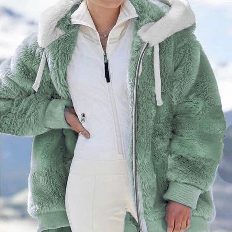 Damen Oversized Sherpa-Zipjacke mit Kontrastkragen, Rippbündchen und Kordelzug Drune