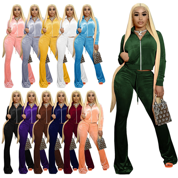 Damen Zwei-Teilige Samt Lounge Set mit Kurz-Frontreißverschluss Hoodie und Ausgestellten Palazzo Hosen EB
