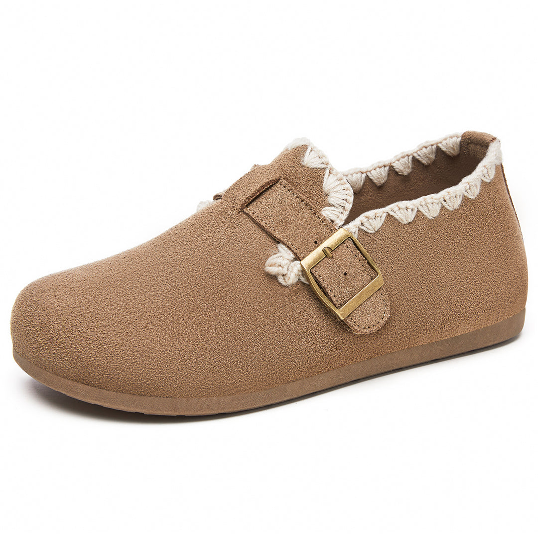 Damen nan kuschelige Mokassin-Slipper mit verstellbarem Schnallenriemen und gehäkelter Kantenverzierung Drune