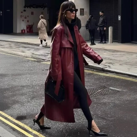 Damen 100+ langer oversize Kunstleder‑Trenchcoat mit Taillengürtel und weitem Revers Drune