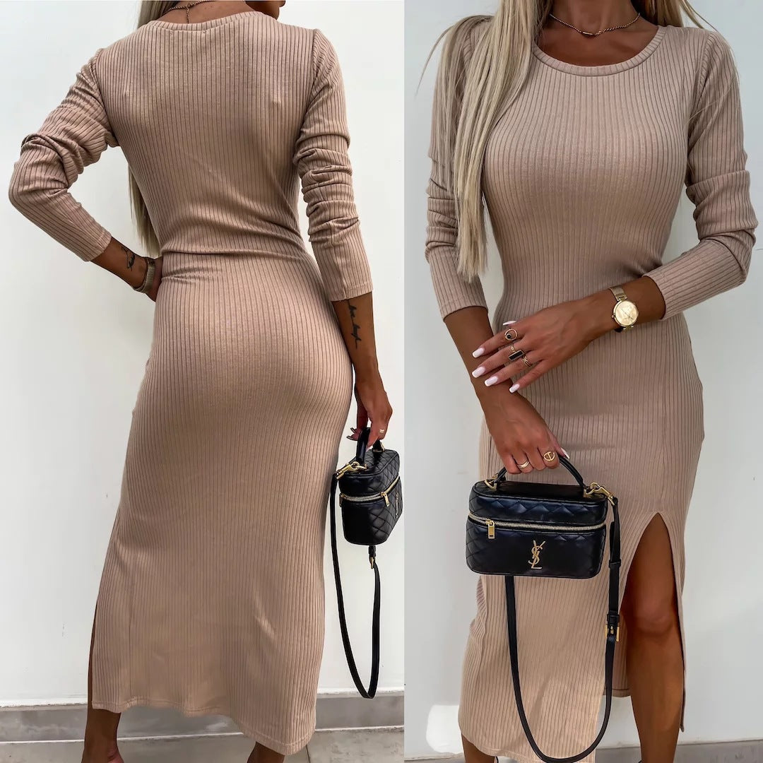 Damen Langarm Kleid mit seitlichem Schlitz und Rippstruktur Drune