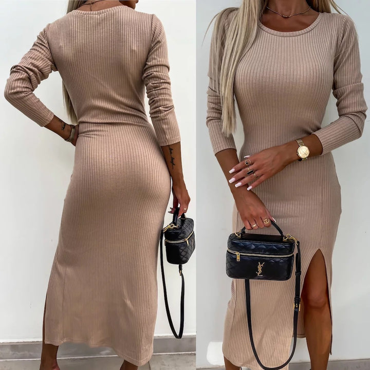 Damen Langarm Kleid mit seitlichem Schlitz und Rippstruktur Drune