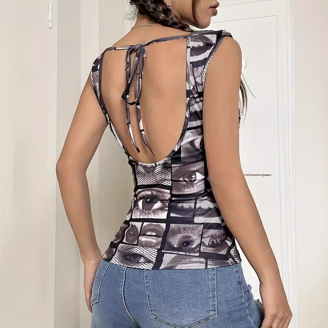 Damen nan tailliertes ärmelloses Jersey-Top mit Wasserfallkragen und collageartigem Gesichtsprint Drune