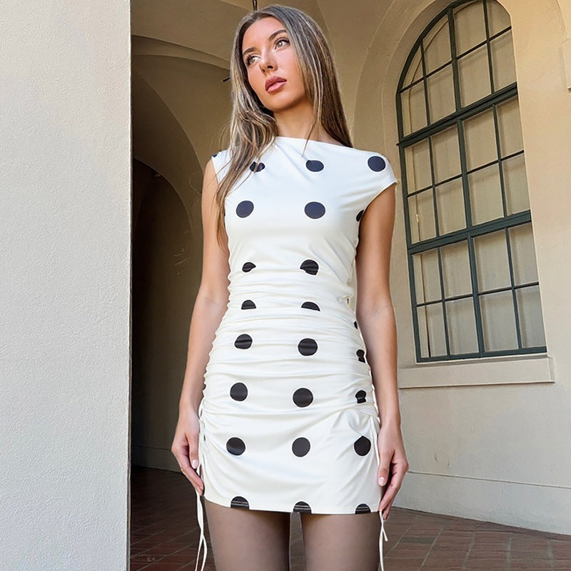 Damen verspieltes Wickelkleid mit asymmetrischem Träger und Punkten Drune