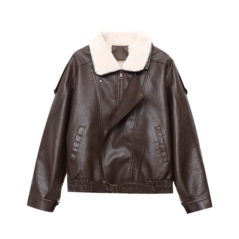Damen lässige Kunstlederjacke mit großzügigem Kragen und weichem Futter Drune