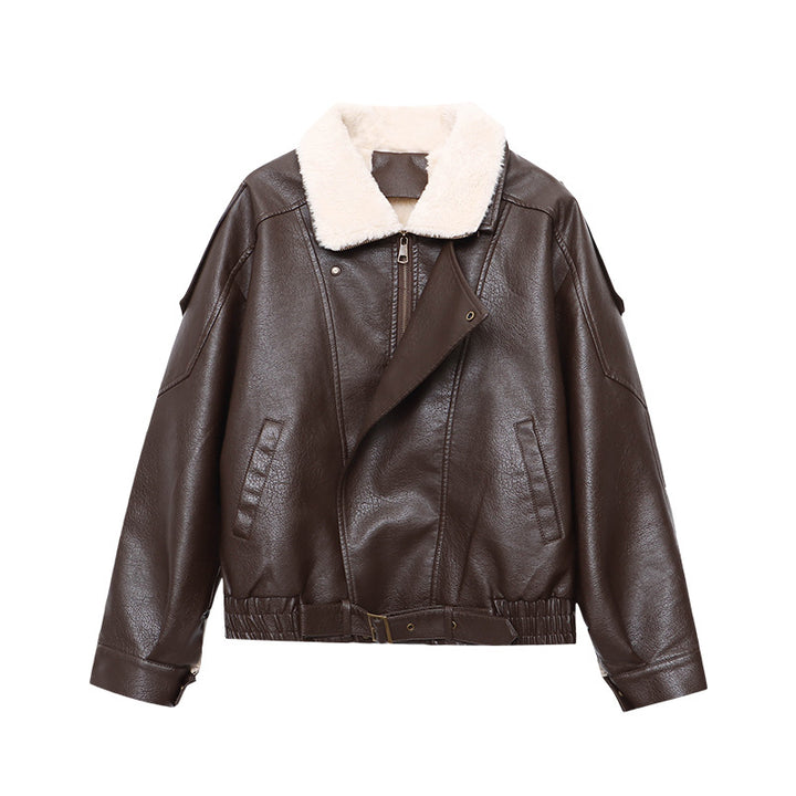 Damen lässige Kunstlederjacke mit großzügigem Kragen und weichem Futter Drune