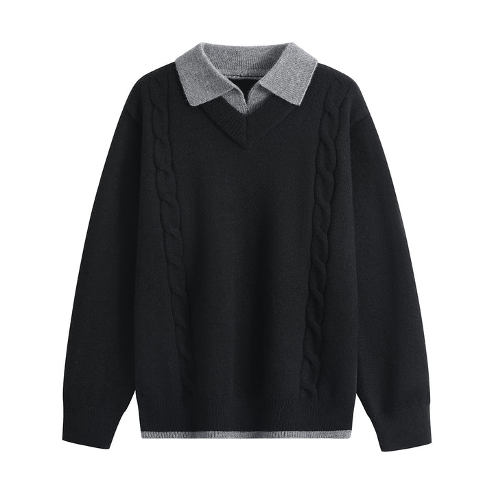 Damen Oversize-Pullover mit V-Ausschnitt, kontrastierendem Polokragen & Zopfstrick-Details Drune