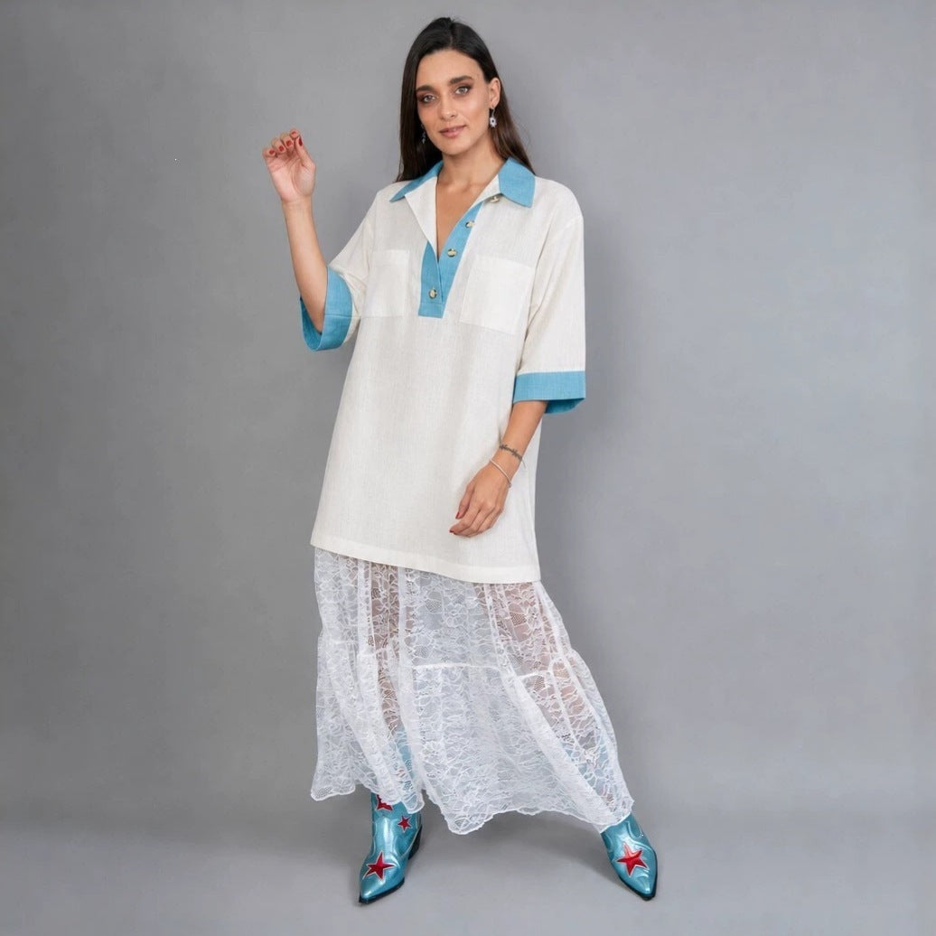 Damen oversized Polo-Tunika mit Kontrastkragen und aufgesetzten Brusttaschen Drune