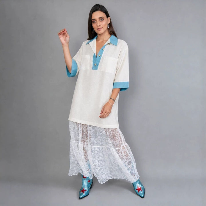 Damen oversized Polo-Tunika mit Kontrastkragen und aufgesetzten Brusttaschen Drune