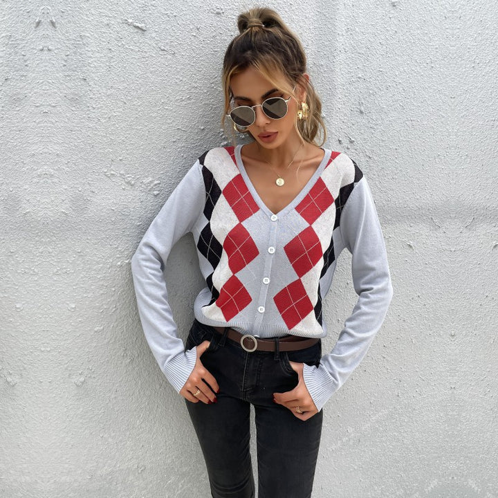 Damen Leichter Kurzcardigan mit Rautenmuster, V-Ausschnitt und Knopfleiste Drune
