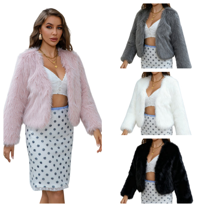 Damen Kurzgeschnittene Kunstpelzjacke mit offenem Frontschnitt Drune