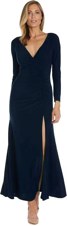 Damen elegantes Maxikleid mit tiefem V-Ausschnitt und seitlichem Schlitz Drune