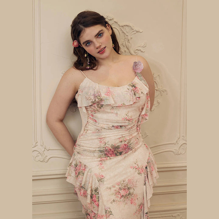 Damen Maxikleid mit floralem Rüschendesign und einem einseitigen Träger Drune
