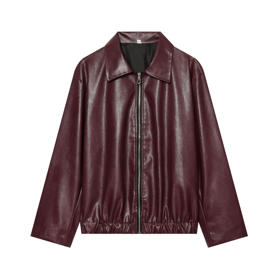 Damen Cropped Kunstleder-Bomberjacke mit Hemdkragen und elastischem Saum Drune