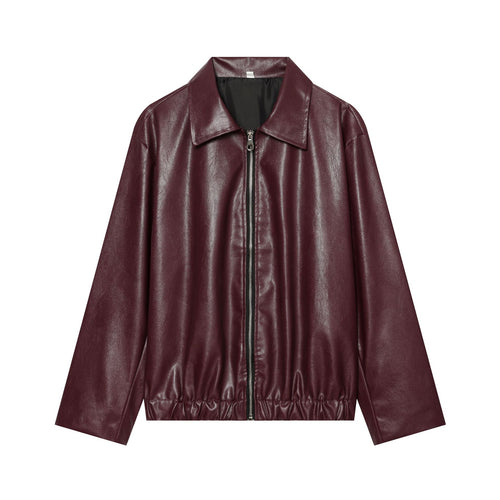 Damen Cropped Kunstleder-Bomberjacke mit Hemdkragen und elastischem Saum Drune
