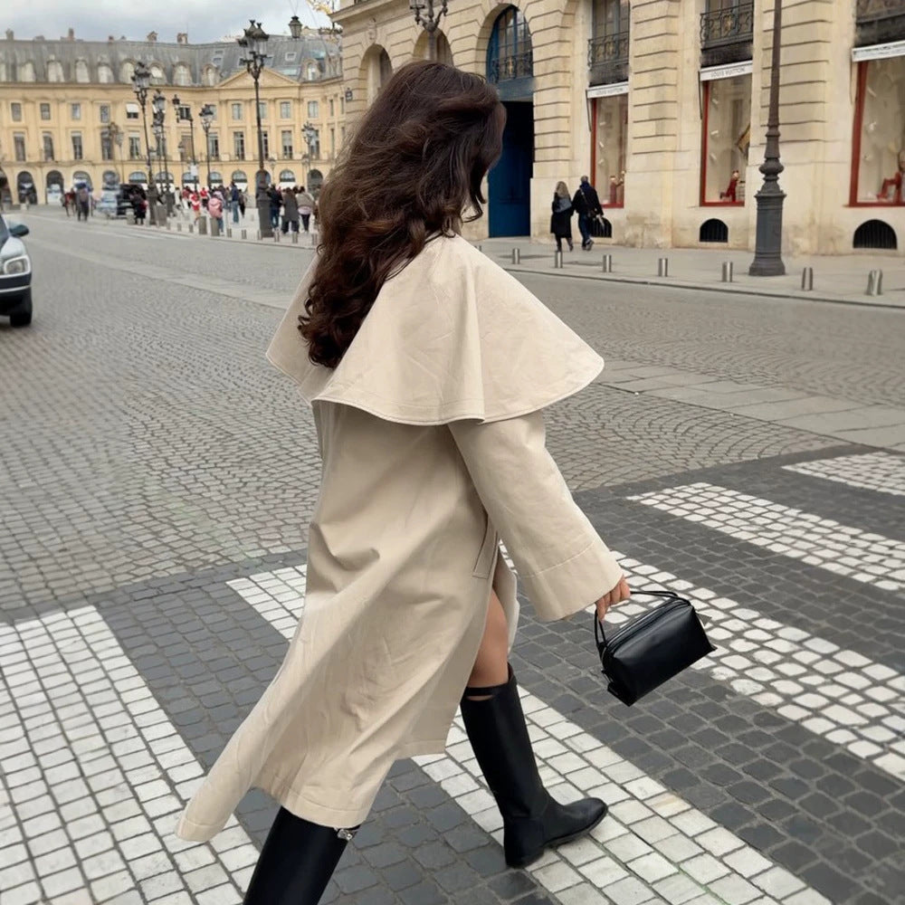 Damen Oversize-Trenchcoat mit Cape-Detail und hohem Stehkragen Drune
