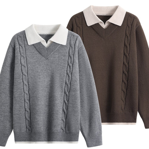 Damen Oversize-Pullover mit V-Ausschnitt, kontrastierendem Polokragen & Zopfstrick-Details Drune
