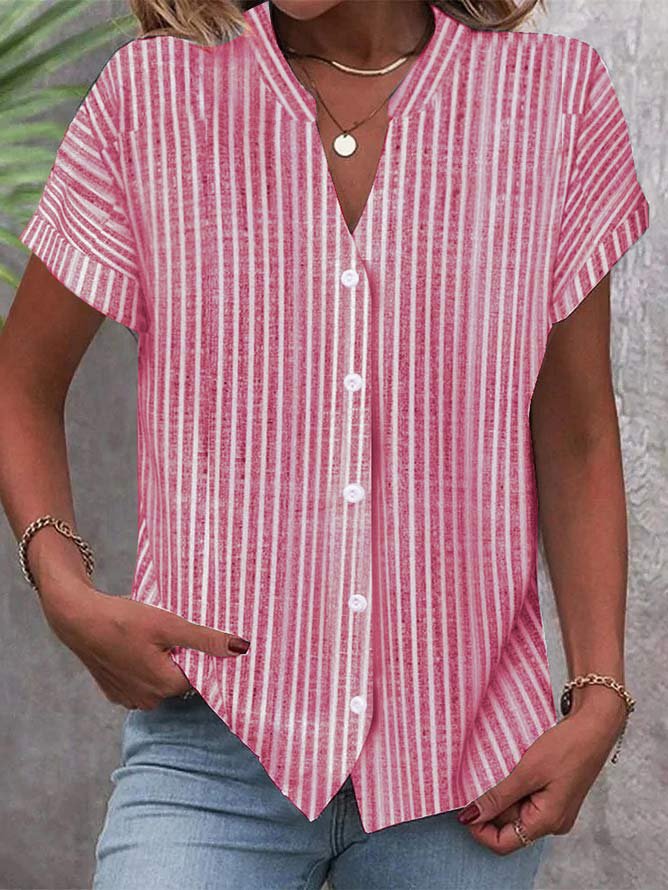Damen Kurzarm-Bluse mit V-Ausschnitt und Streifenmuster Drune