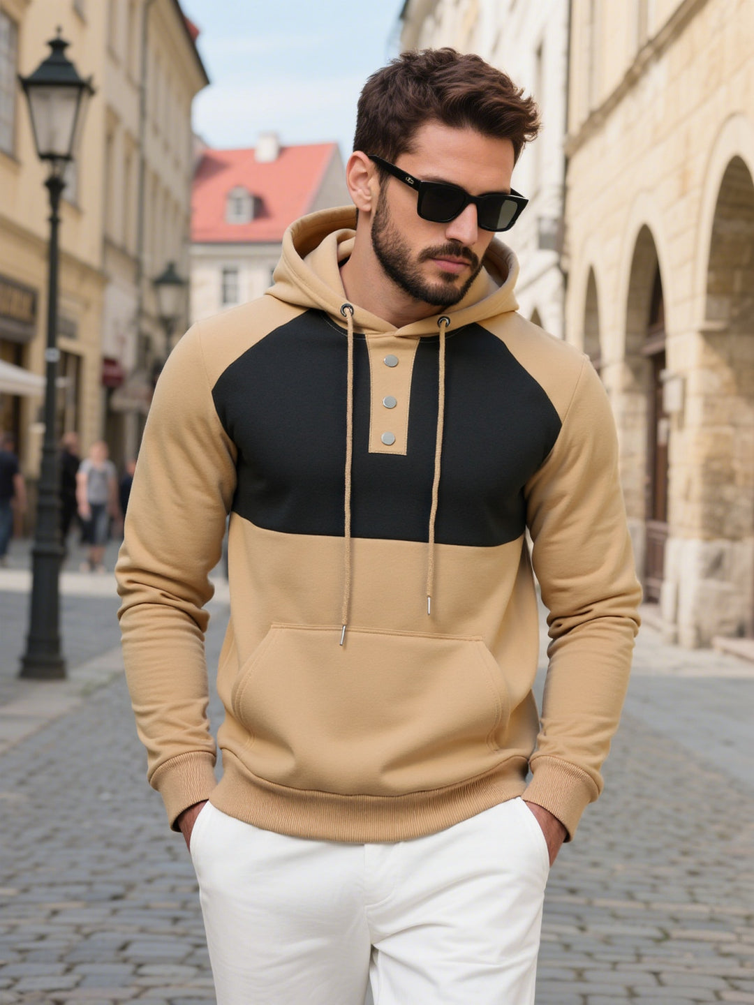 Herren modischer Hoodie mit Knopfleiste und farblich abgesetzten Ärmeln Drune