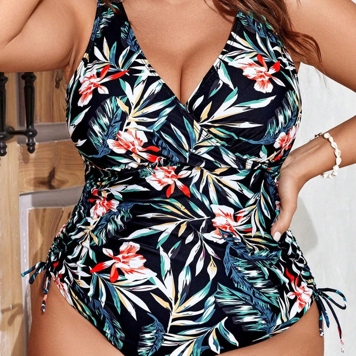 Damen Einteiler Badeanzug mit floralem Wickeldesign und figurformenden Raffungen Drune