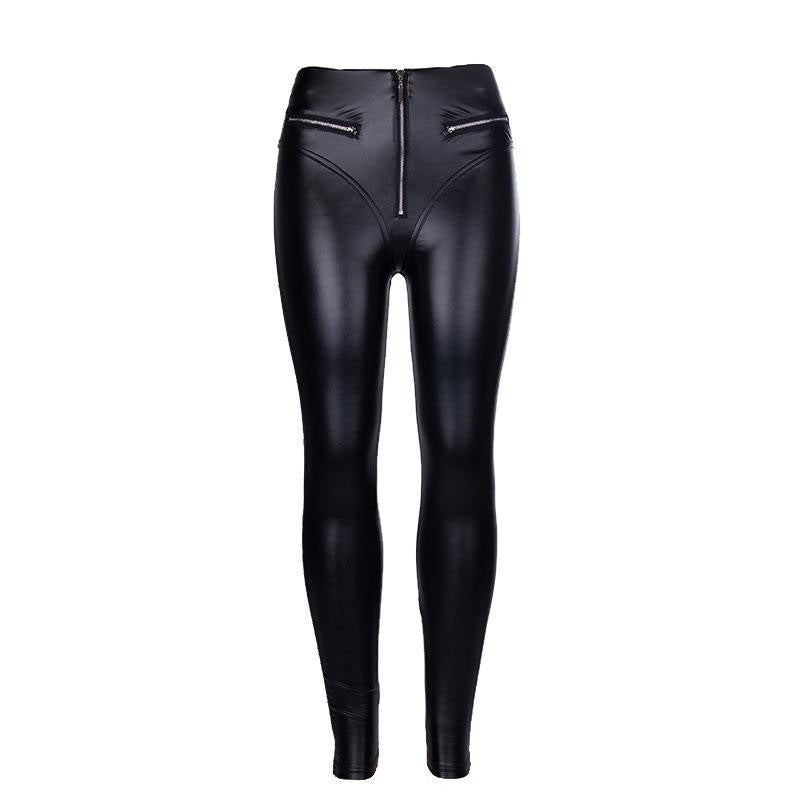 Damen Hochwertige Kunstleder Leggings mit modischen Reißverschlussdetails Drune