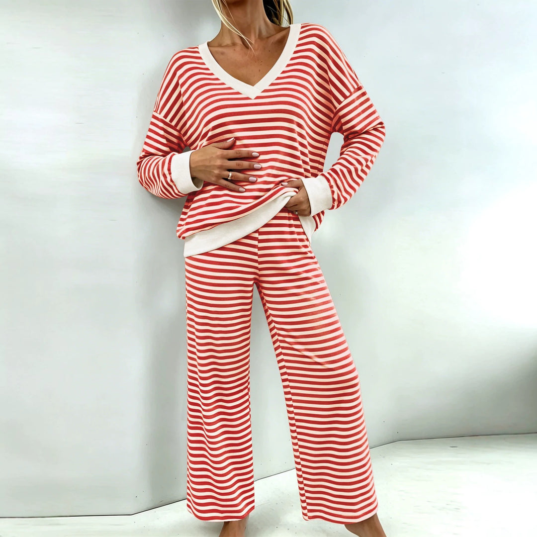 Damen Maritimes Zweiteiler mit V-Ausschnitt, Oversize-Pullover und Palazzo‑Hose Drune