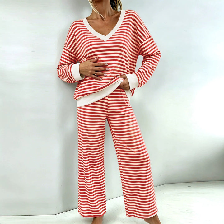 Damen Maritimes Zweiteiler mit V-Ausschnitt, Oversize-Pullover und Palazzo‑Hose Drune