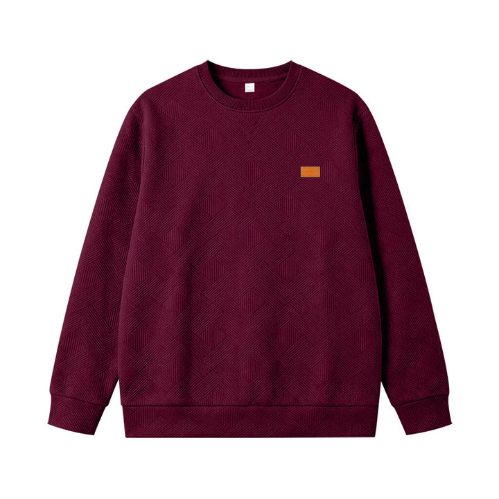 Unisex Texturierter Baumwoll-Crewneck-Sweatshirt mit Rautenstruktur und Lederpatch Drune