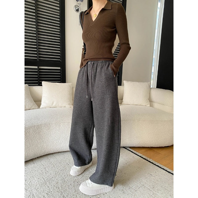 Damen elegantes V-Ausschnitt Langarmshirt aus feinem Rippstrick Drune