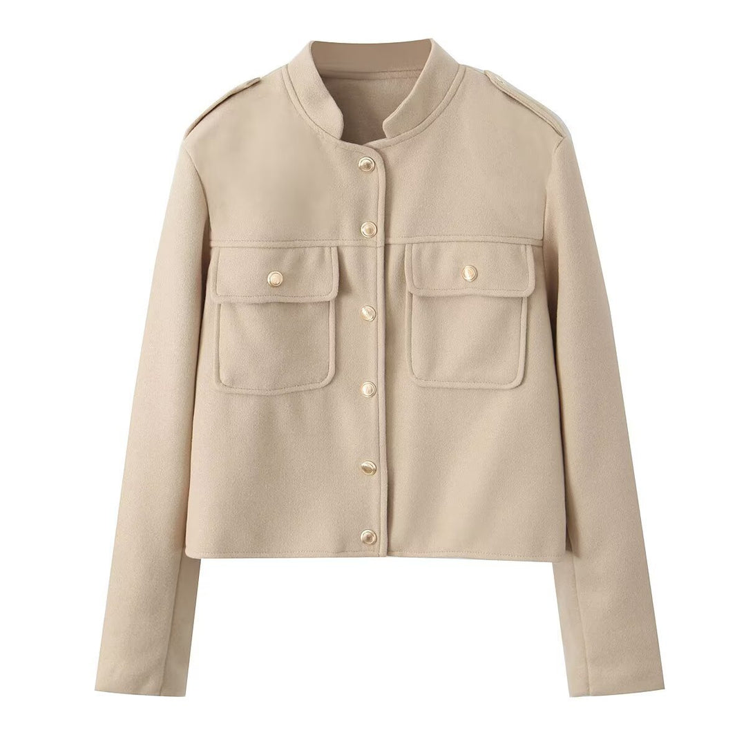 Damen nan kurz geschnittene militärische Wolljacke mit Stehkragen, Brustklappen und goldfarbenen Zierknöpfen Drune