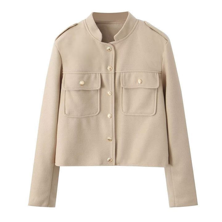 Damen nan kurz geschnittene militärische Wolljacke mit Stehkragen, Brustklappen und goldfarbenen Zierknöpfen Drune