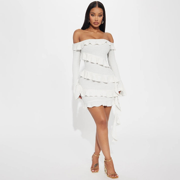 Damen verspieltes Wickelkleid mit Rüschen und schulterfreiem Design Drune
