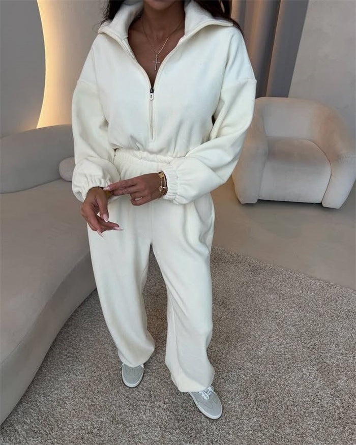 Damen eleganter Lounge-Overall mit elastischer Taillenpartie, Stehkragen, Reißverschluss und weitem Bein Drune