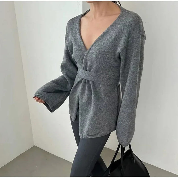 Damen Eleganter Strickmantel mit Wickeldesign Drune