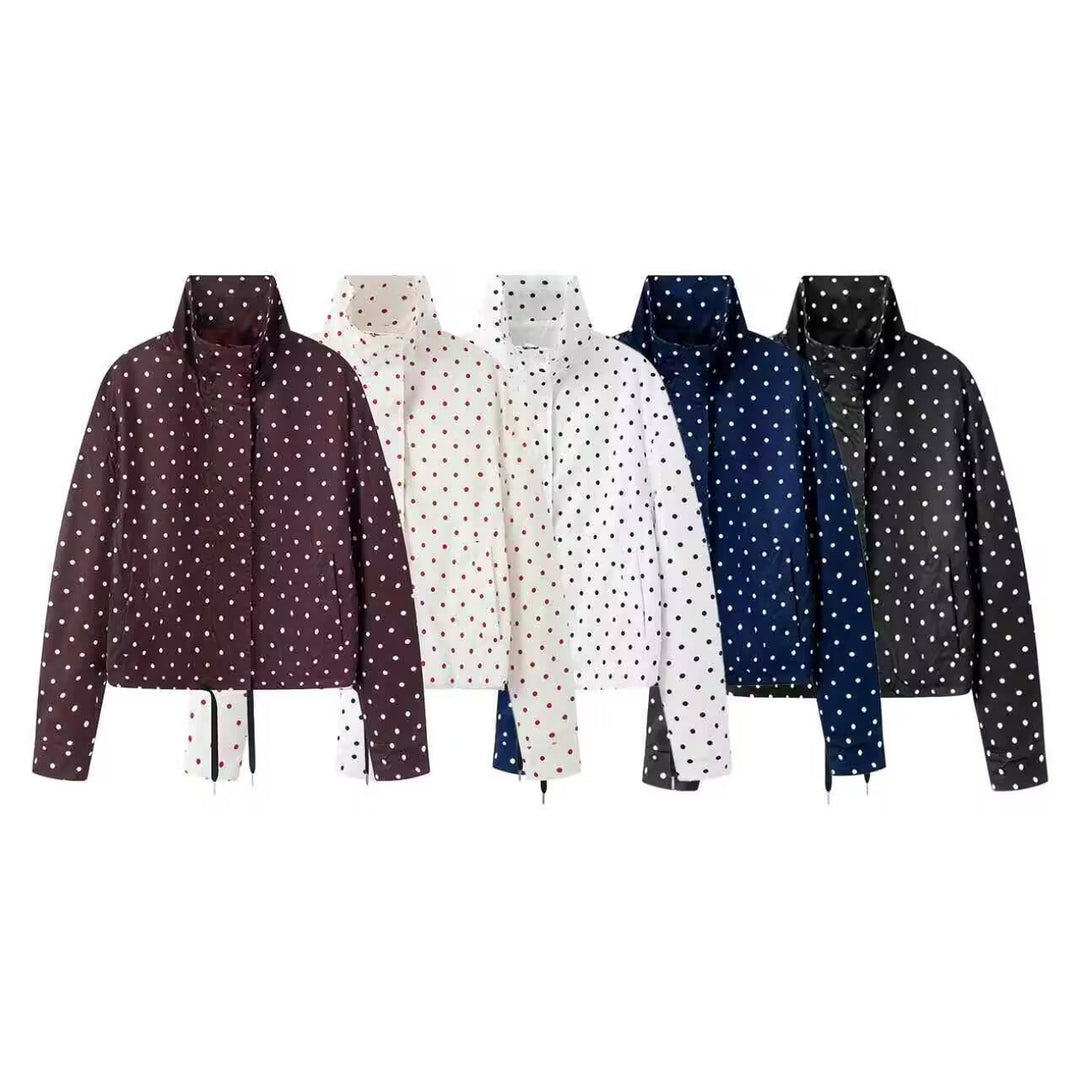 Damen Kurze gepunktete Regenjacke mit Stehkragen und Kordelzug Drune
