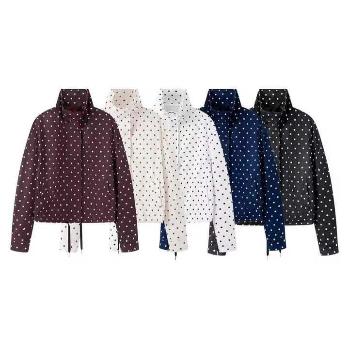 Damen Kurze gepunktete Regenjacke mit Stehkragen und Kordelzug Drune
