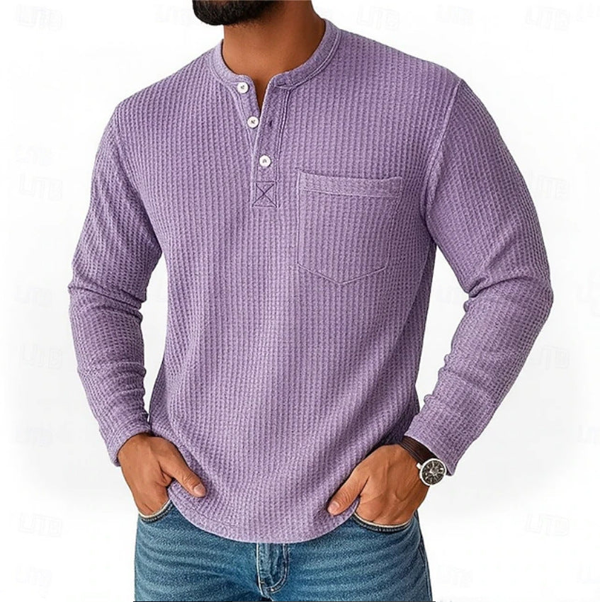 Herren Langarm Henley mit Waffelstruktur und Brusttasche thermisches Langarmshirt Drune