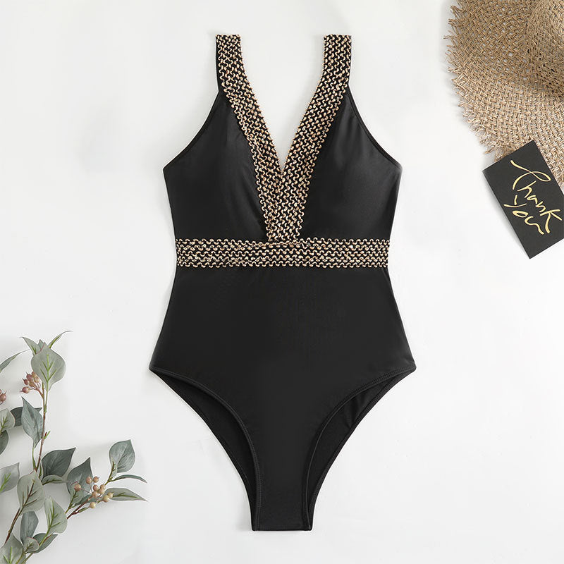Damen Einteiler Badeanzug mit elegantem V-Ausschnitt und goldenen Details Drune
