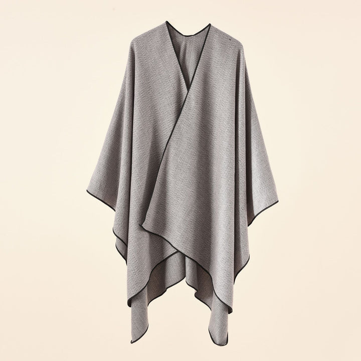 Damen Feinstrick-Poncho im Kaftan-Stil mit kontrastierter Kantenpaspel Drune