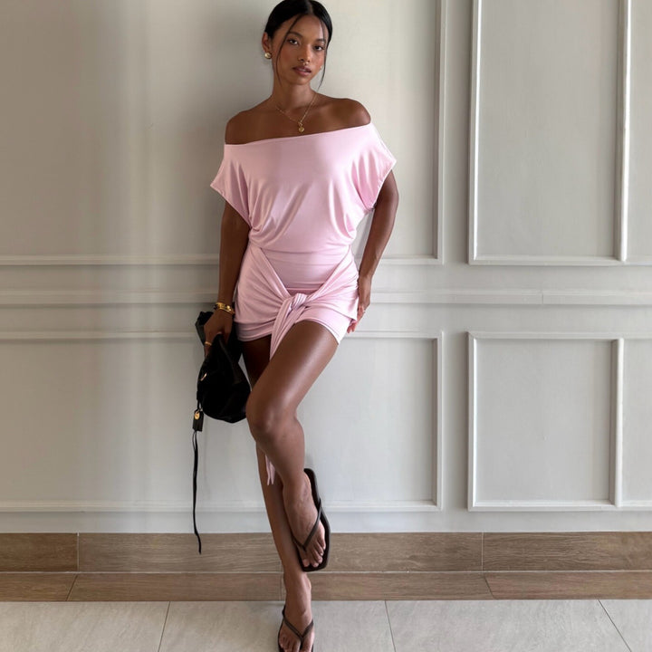Damen Raffiniertes Minikleid mit angeschnittenem Ausschnitt und seitlichem Knoten Drune