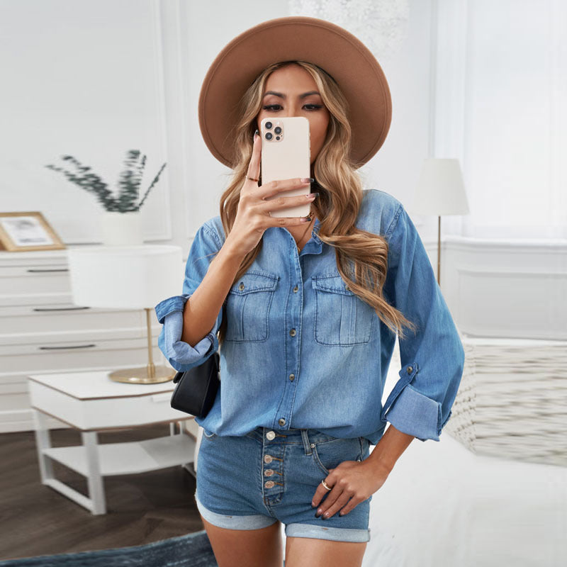 Damen Denim-Hemdbluse mit praktischen Brusttaschen und klassischem Schnitt Drune