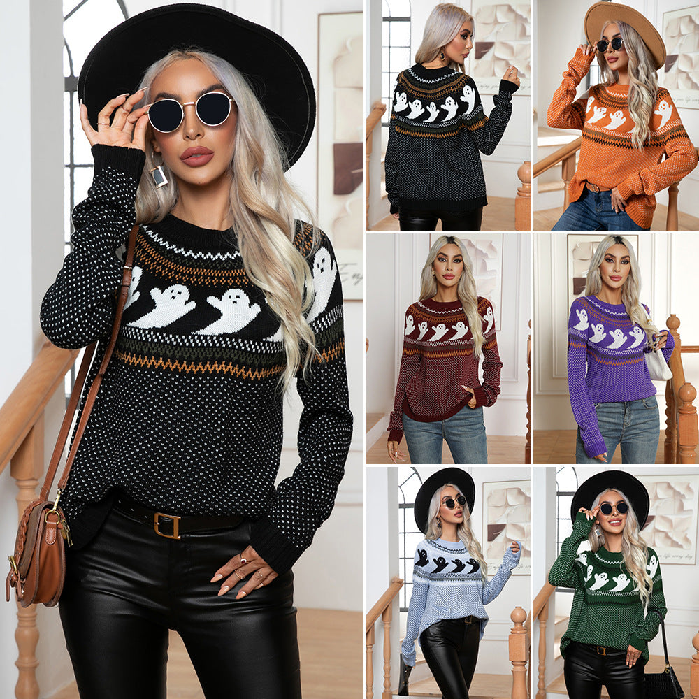 Damen Halloween Pullover mit Geistermotiv und luftiger Struktur Drune