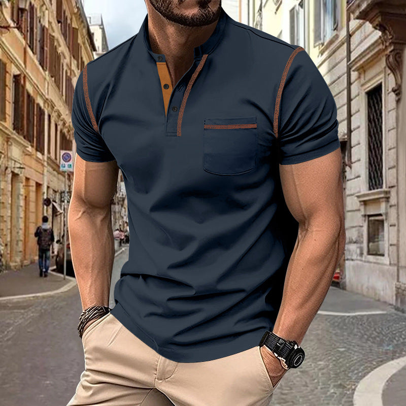 Herren nan Kurzarm-Polo im Henleystil mit Stehkragen, Brusttasche und Kontrastnaht Drune
