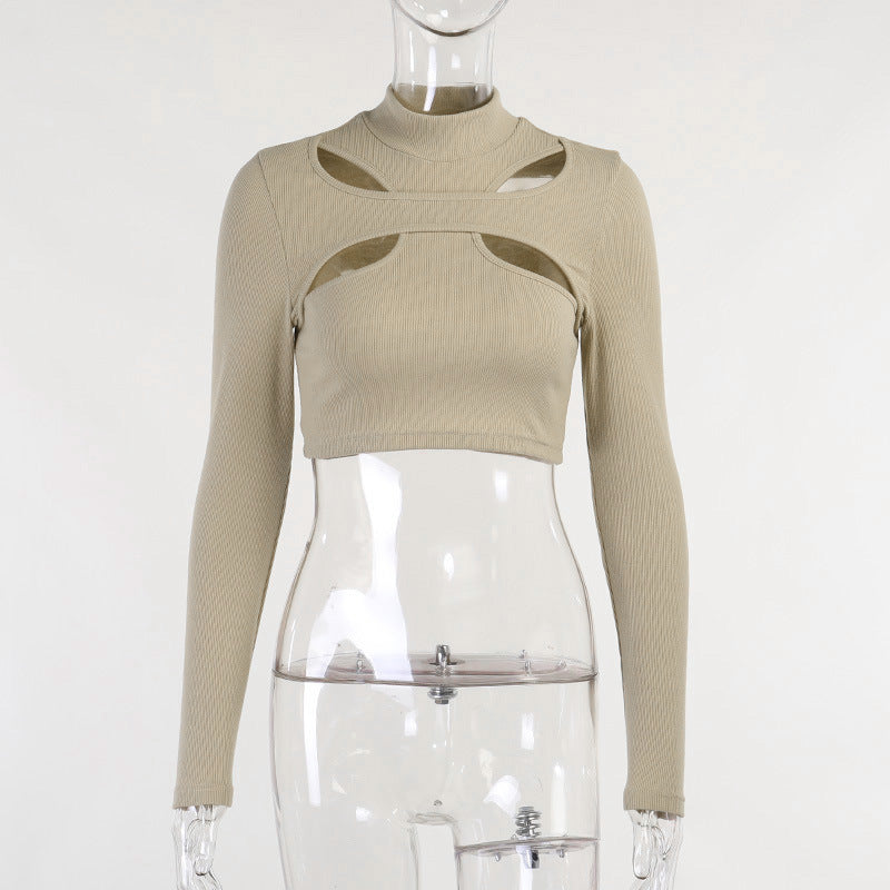 Damen trendiges Oberteil mit Cut-Outs und hohem Kragen Drune