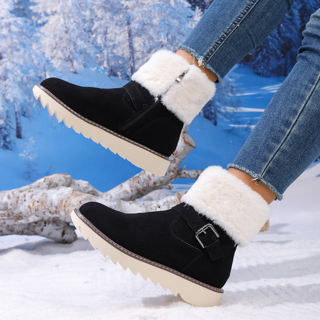 Damen Gefütterte Kurzstiefelette mit Kunstfellkragen, Velours‑Optik und Zierschnalle Drune