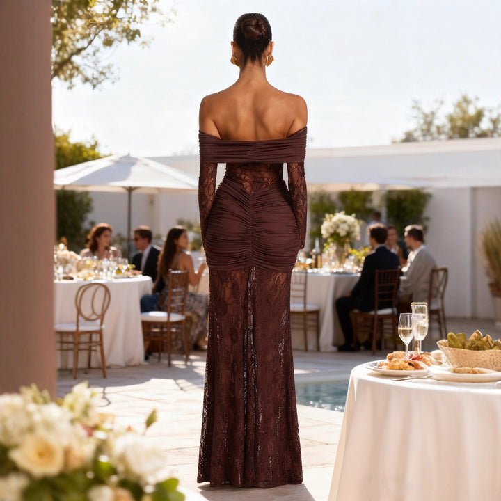 Damen Elegantes Spitzenmaxikleid mit raffinierten Rüschendetails und schulterfreien Trägern Drune